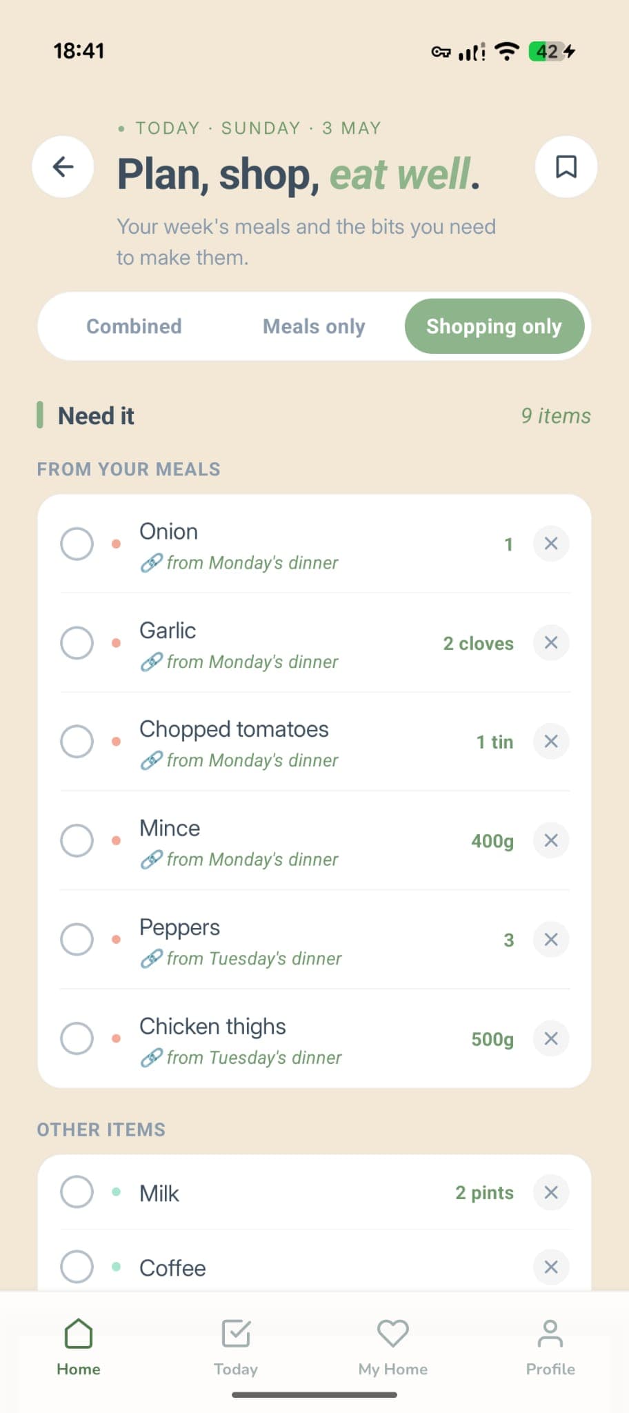 Tidywell shopping list with a Need it section showing ingredients pulled from this week's meals plus a few ad-hoc items