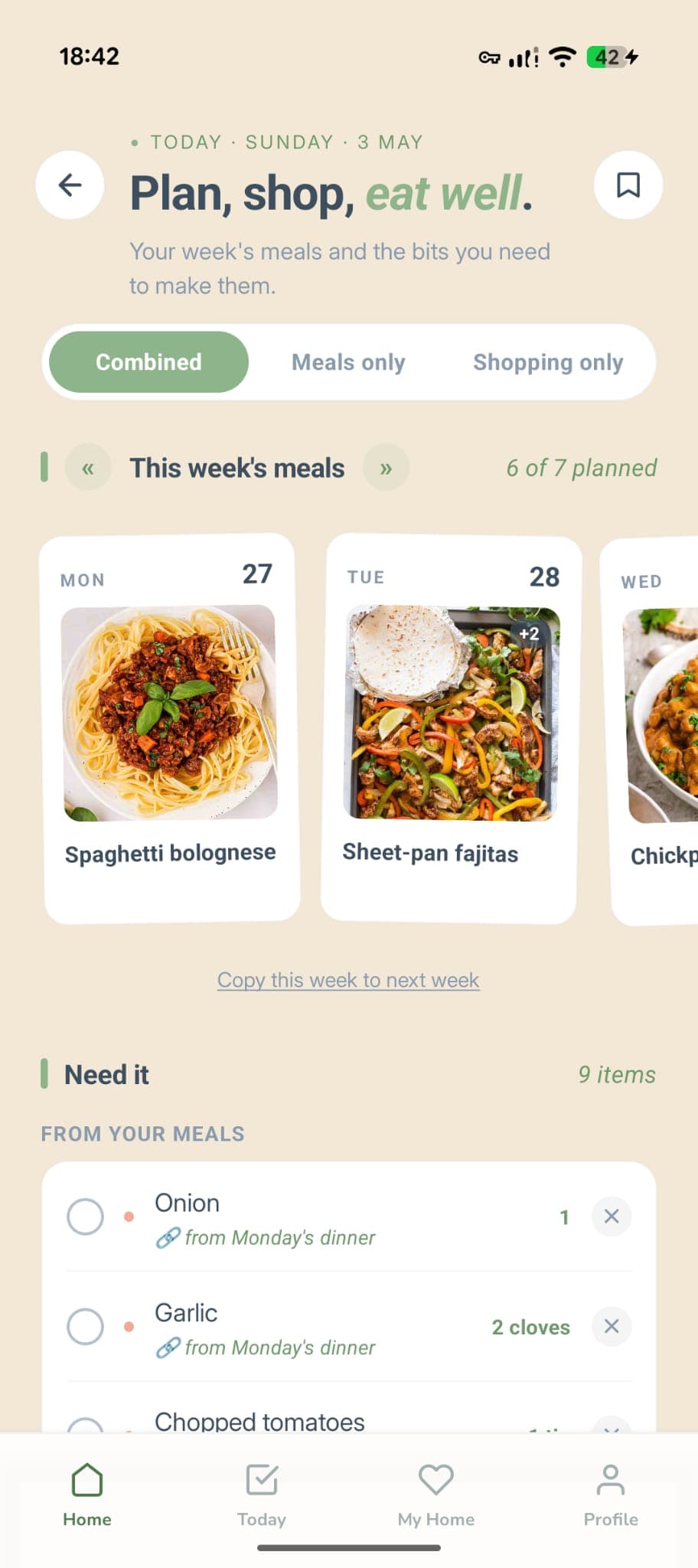 Tidywell meal plan showing the week strip with Spaghetti bolognese pinned to Monday and Sheet-pan fajitas on Tuesday