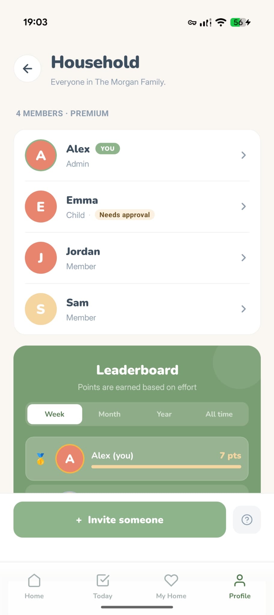 Household members screen showing Alex (Admin), Emma (Child), Jordan and Sam (Members), with the Invite button and help icon at the bottom
