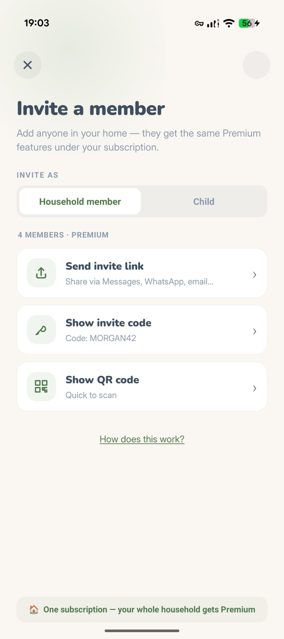 Invite modal with Household member selected, showing share link, invite code, and QR code options