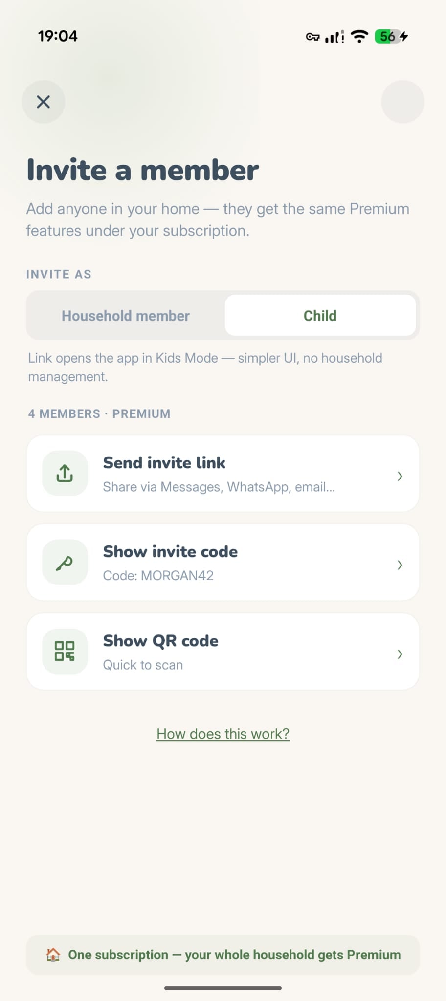 Invite modal with Child selected, showing Kids Mode hint text