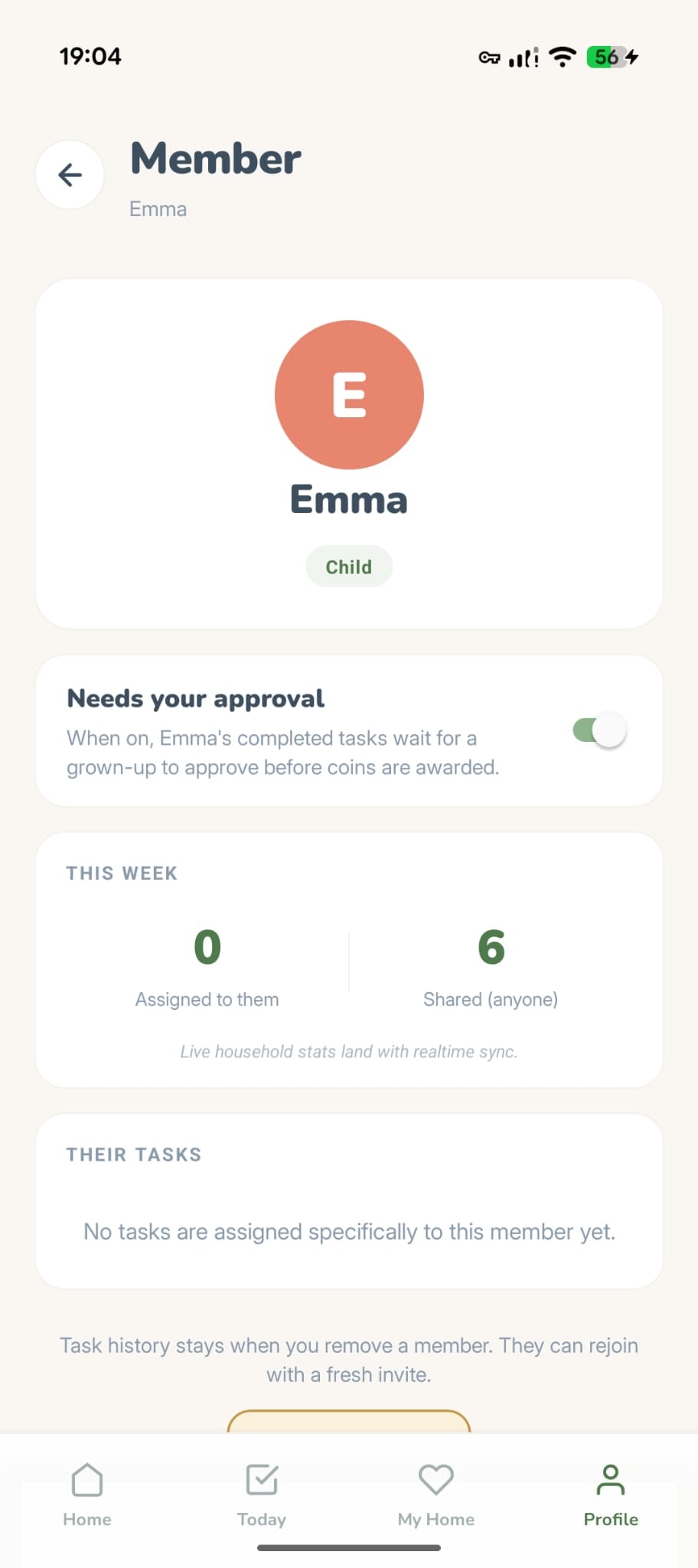 Parent viewing Emma's member detail with Child role pill and Needs Approval toggle turned on