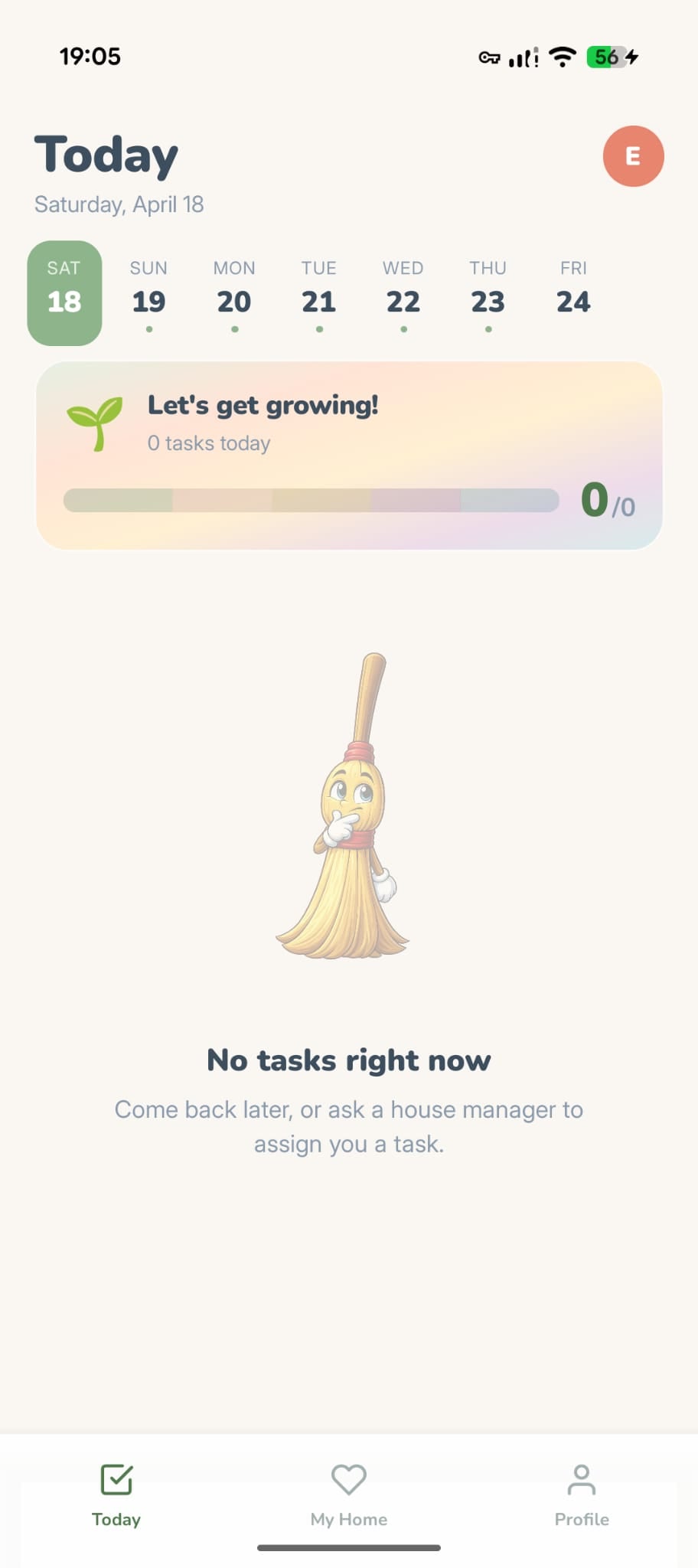 Kid Mode Today view showing Emma's simplified interface with 3 tabs (no Home tab), empty task state with broom illustration