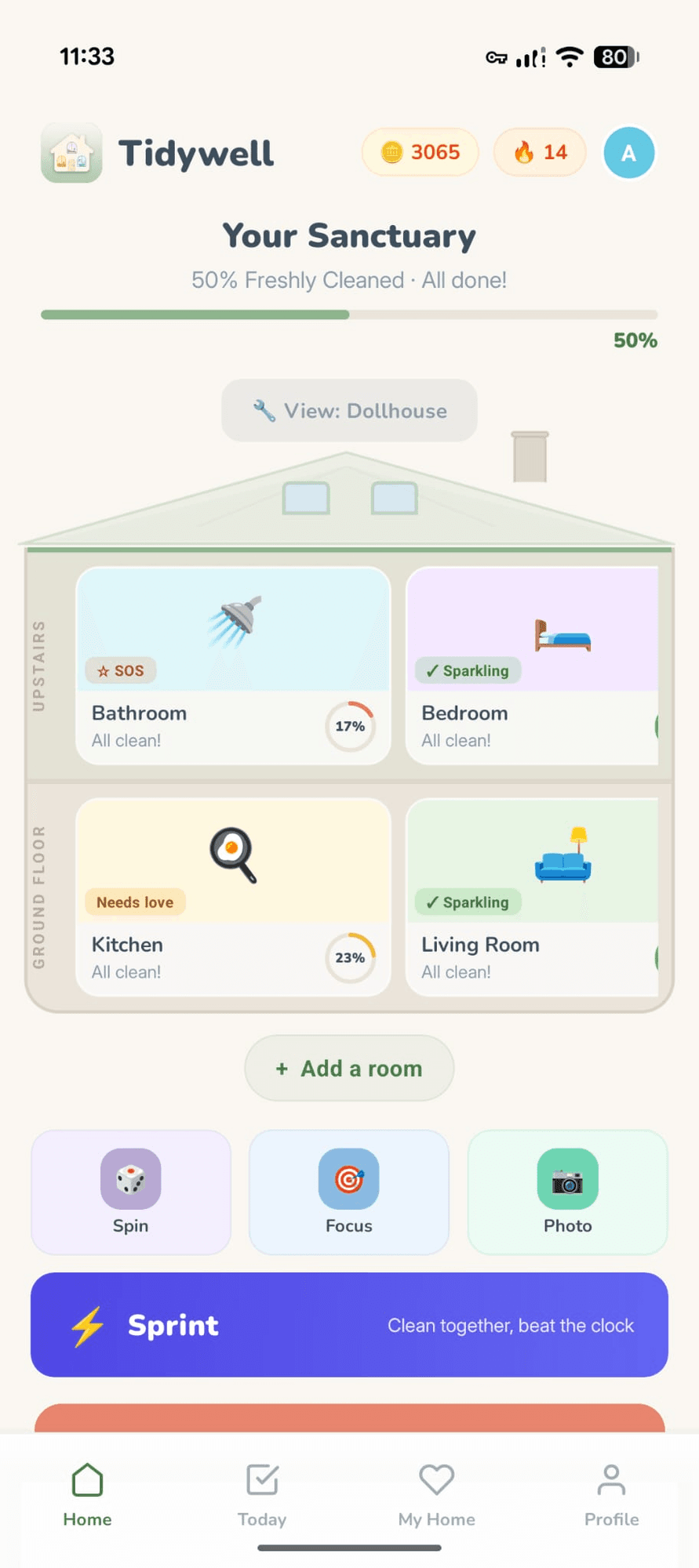 Tidywell home screen — dollhouse view with rooms, tasks and rewards