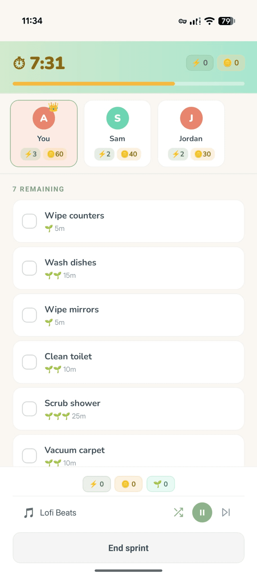 Tidywell Live Sprint — synced timer, household leaderboard, shared task list