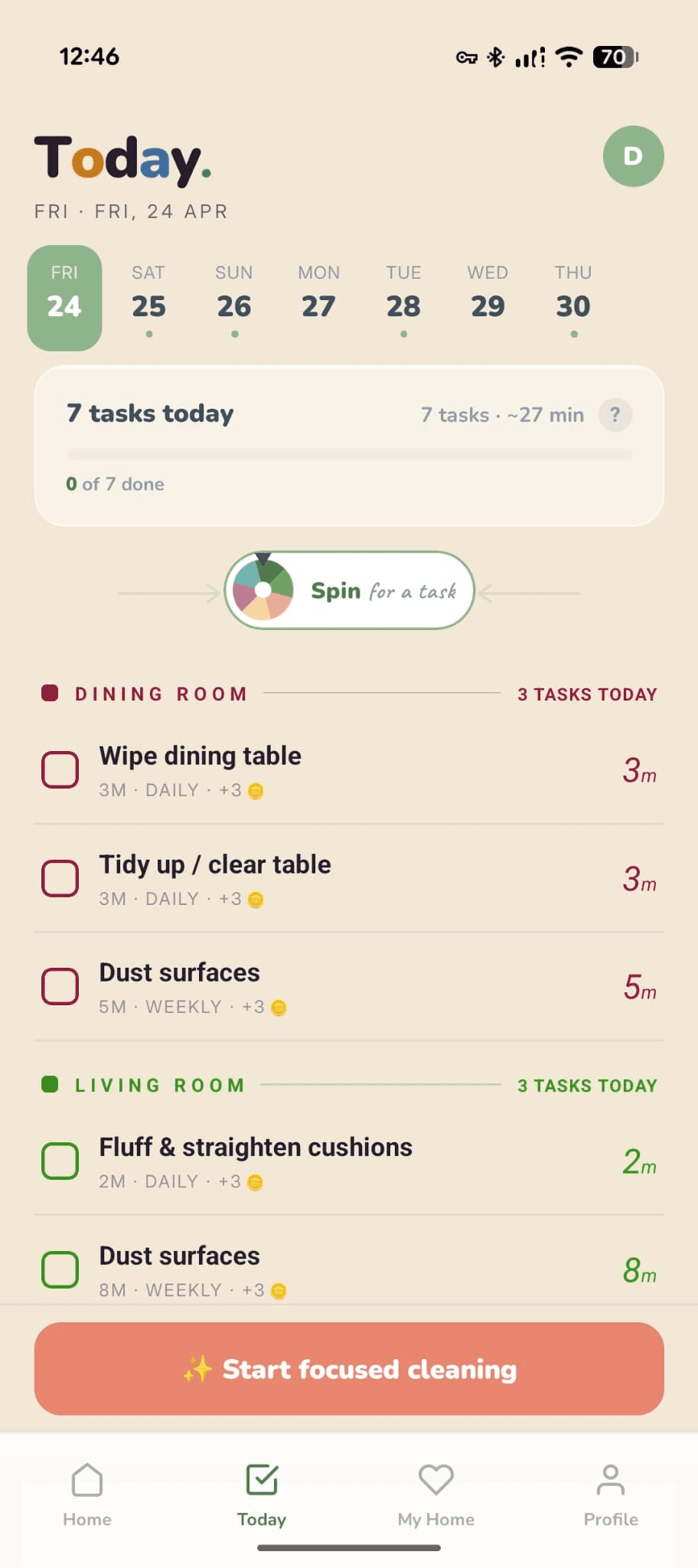 Tidywell Today tab — day picker, task list grouped by room, time budget